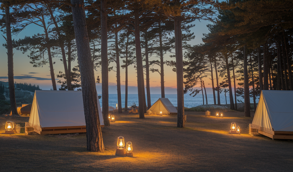 camping-crepuscule-tentes-cabines-mer