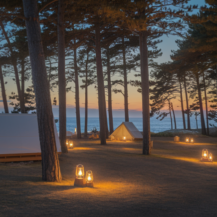 camping-crepuscule-tentes-cabines-mer