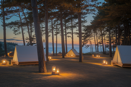 camping-crepuscule-tentes-cabines-mer