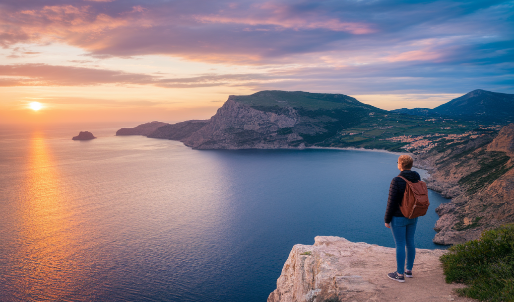personne-sac-a-dos-falaise-mer-coucher-soleil