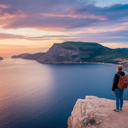personne-sac-a-dos-falaise-mer-coucher-soleil